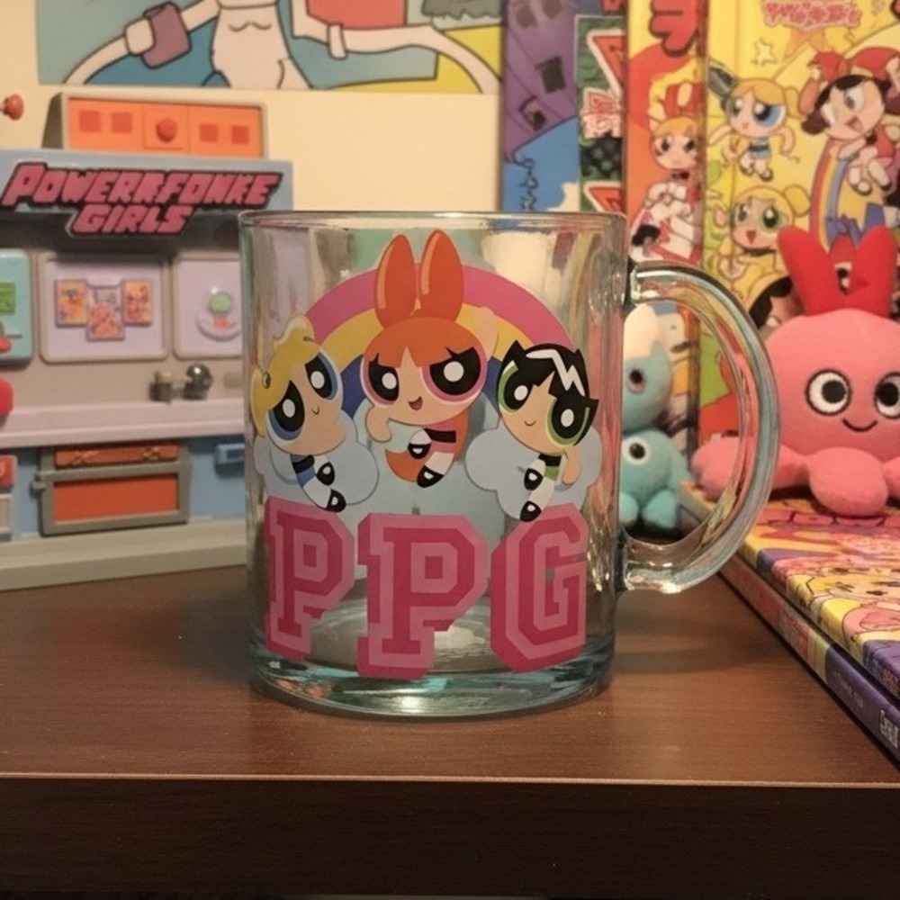 Powerpuff Girls Blue-Tint Glass Mug, Vintage Cartoon Character Drinkware